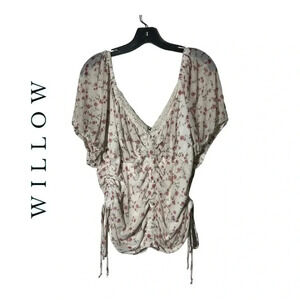 1934. WILLOW FLORAL PRINT RUCHING CROPPED TOP‎ SIZE 2X SHORT SLEEVES V NECKLINE